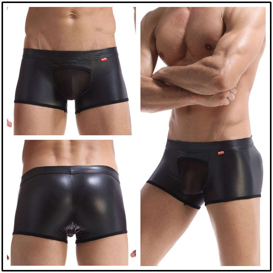 Faux Leather Hoop Patent Leather PU Boxer Briefs Sexy Lingerie