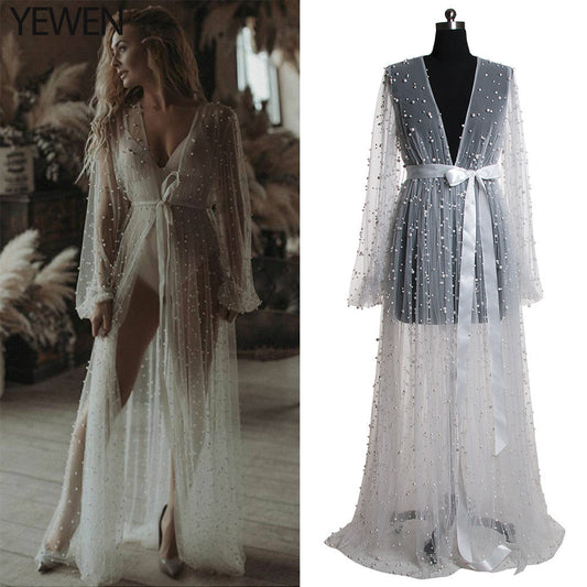 Pearl Mesh Pajamas Lace Dress  Lingerie See-through Cape