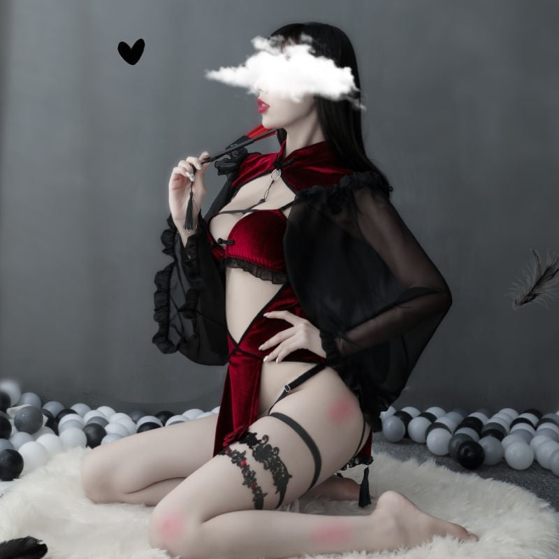  Enchanting Cheongsam Witch Lingerie Costume – Red Velvet & Sheer Black Sleeves