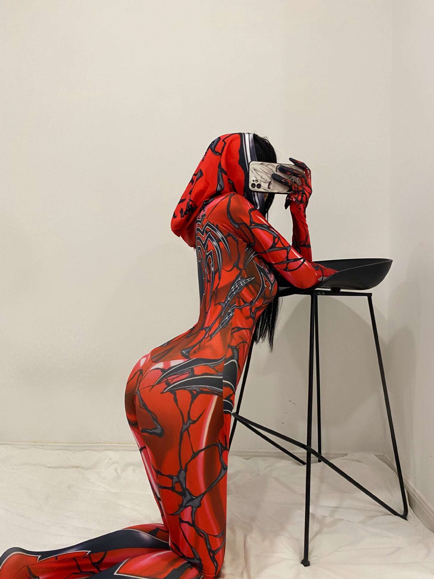 Full-body fantasy catsuit costume with gloves and hood