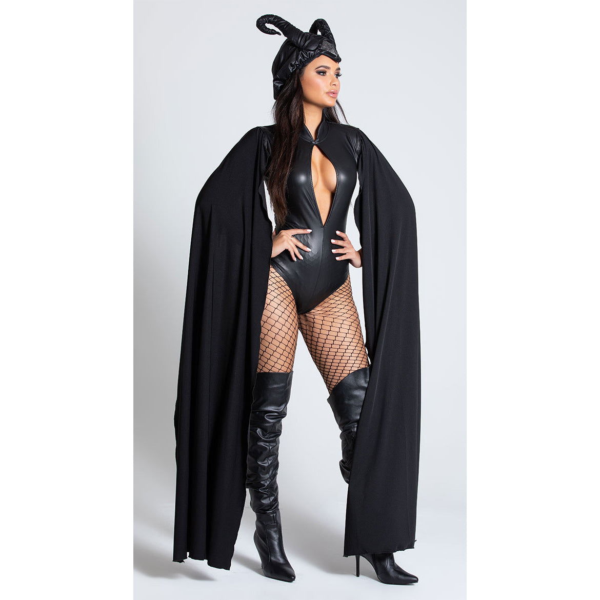 Halloween lingerie bodysuit with deep V-neck and fishnet tights