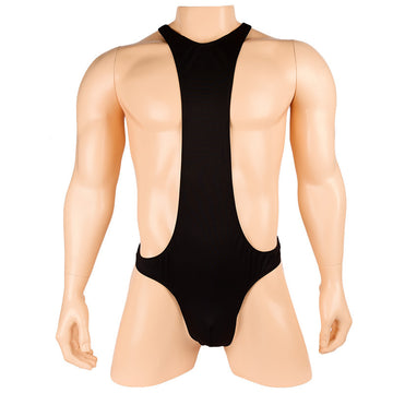 Men's black satin thong bodysuit with suspender design