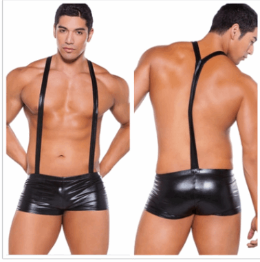 Men’s Patent Leather Suspender Shorts – Sexy Nightclub Boxer Lingerie