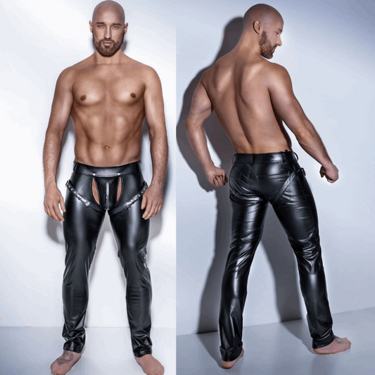 Men's Crotchless Leather Lingerie Pants – Sexy Patent Tights for Bold Style