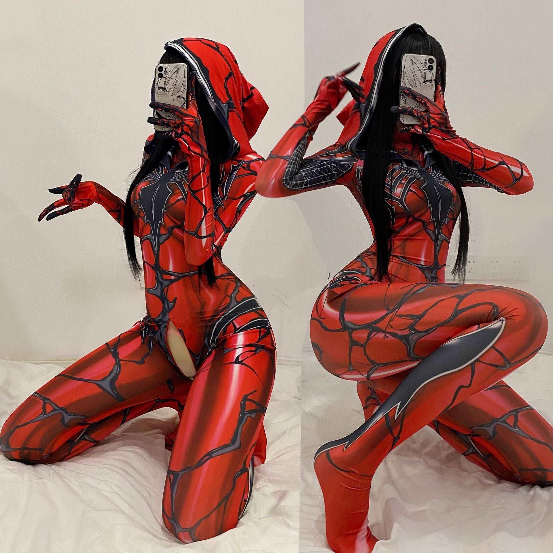 Red spider bodysuit with hood for women’s Halloween cosplay