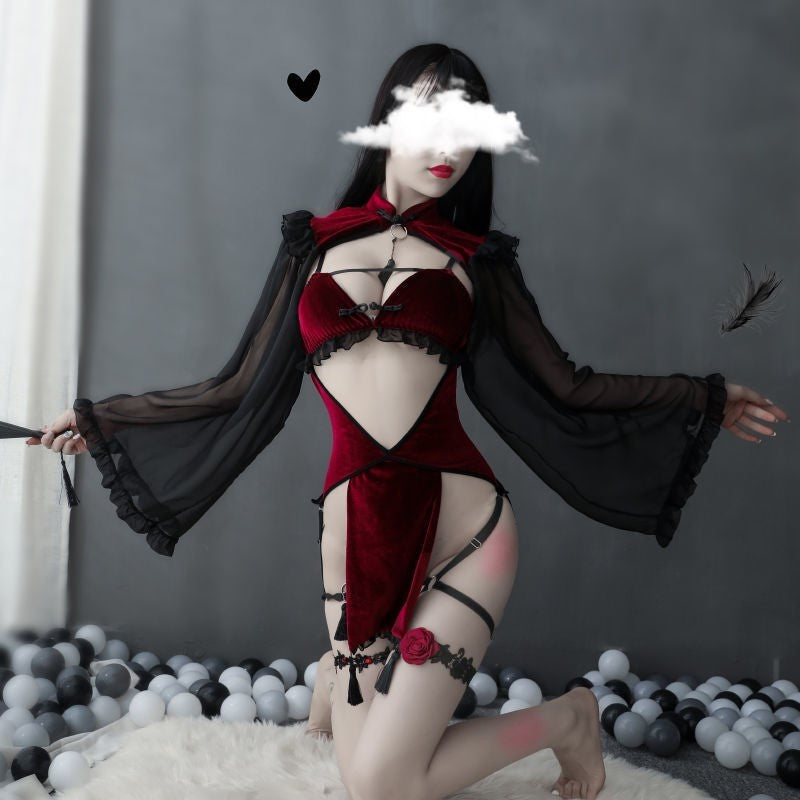 Red velvet cheongsam witch costume with sheer sleeves