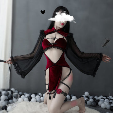 Red velvet cheongsam witch costume with sheer sleeves