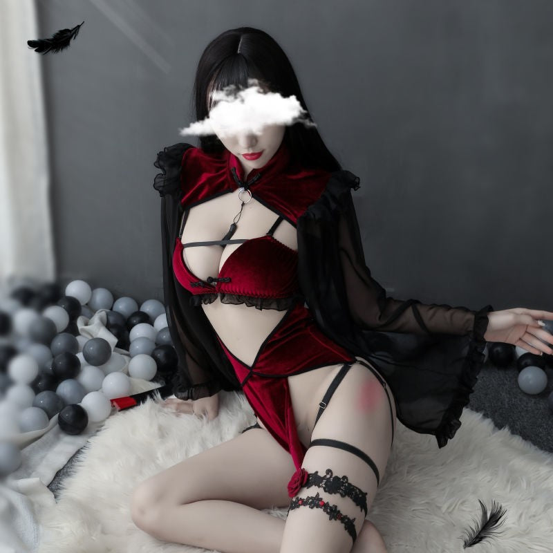 Sexy Halloween witch lingerie with garter and cape