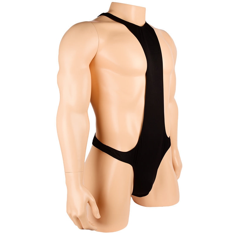 Sexy male one-piece lingerie in black satin