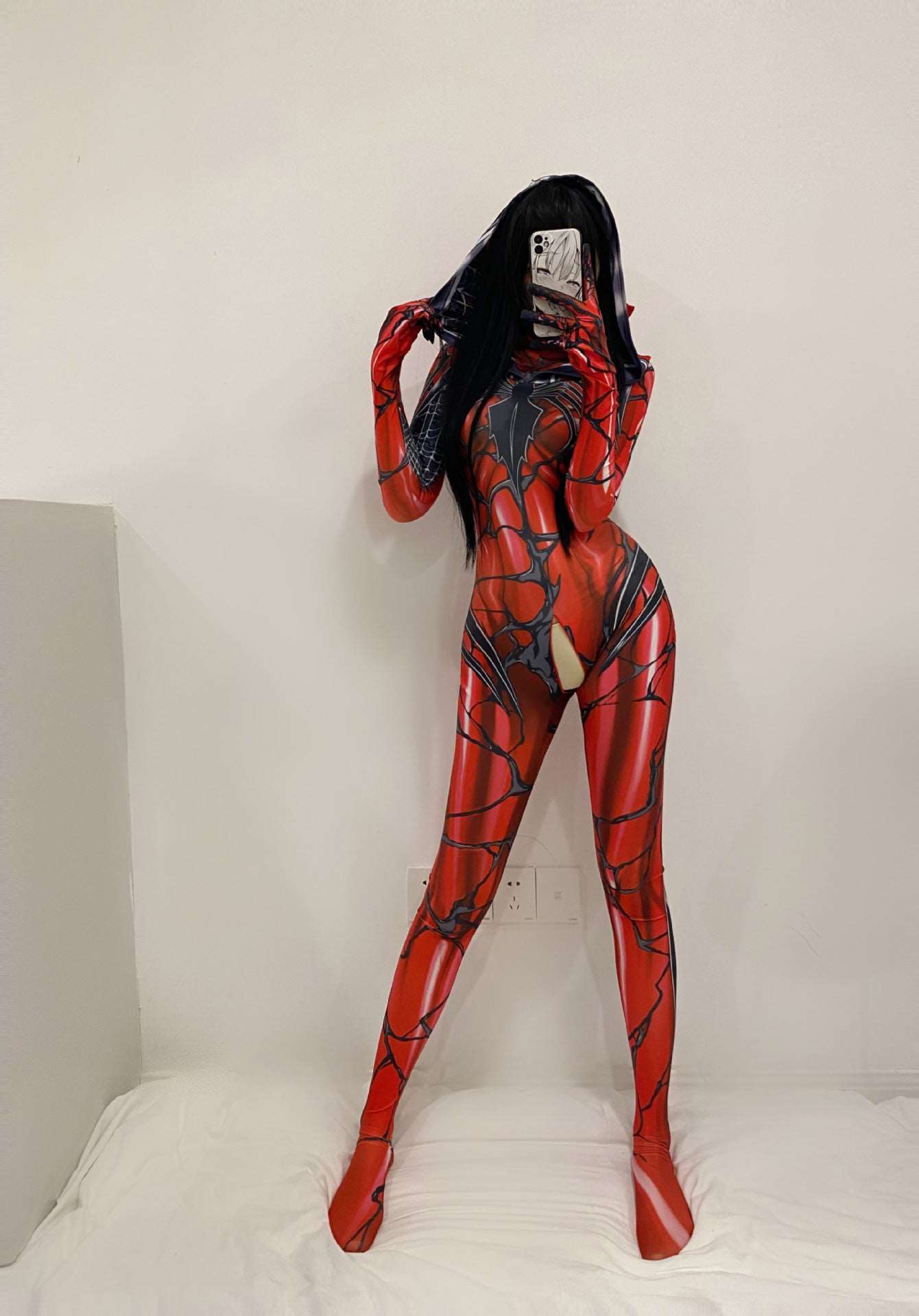 Sexy zipper crotch cosplay bodysuit in red web print