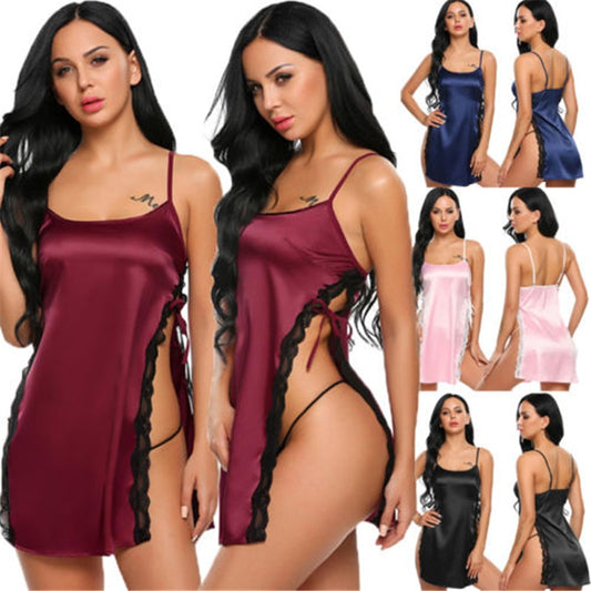 Dark Red Lace Lingerie Silk Sexy l\Lingerie Nightdress