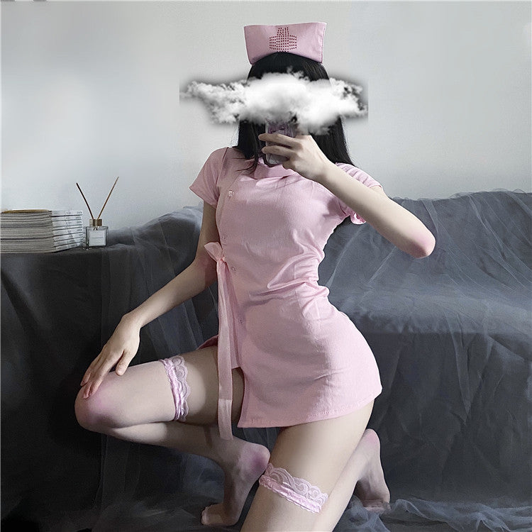 Pink nurse costume lingerie with matching cap and garter socks